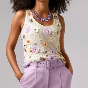 NWT Boston Proper XS 3D Sequin & Jewel Floral Flower White Top Sheer Layered